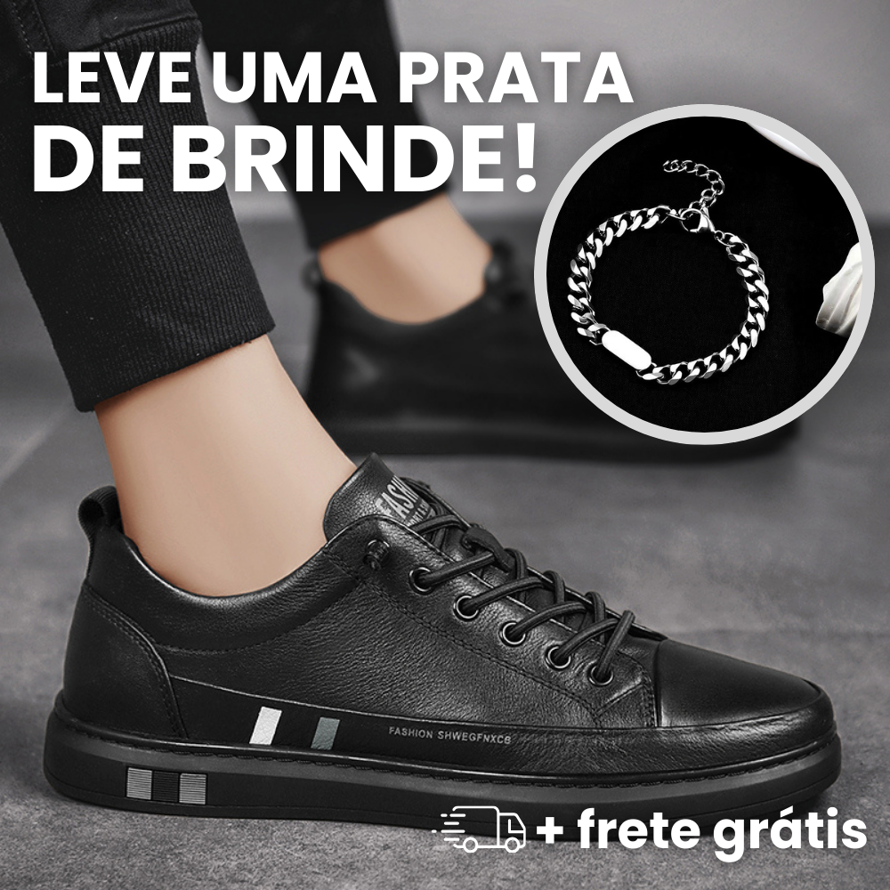 Tênis Masculino de Couro Sport FlatUp® + Pulseira de Prata de Brinde - Ride Up 