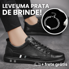 Tênis Masculino de Couro Sport FlatUp® + Pulseira de Prata de Brinde - Ride Up 